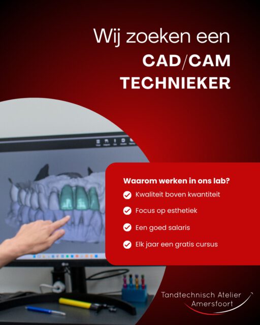 We groeien 📈 en daarom zoeken we ook een CAD CAM technieker die energie krijgt van esthetische en functionele cases en graag met precisie werkt.

Bij Tandtechnisch Atelier Amersfoort draait het om vakwerk en aandacht voor detail. We doen niet aan lopendebandwerk of massaproductie. Je werkt met ZirkonZahn en Exocad voor het designen, met Formlabs voor het printen en met Imes Icore voor het freeswerk. Dat alles binnen een hecht team waar kwaliteit, plezier en samenwerken vanzelfsprekend zijn.💪

Je hebt oog voor esthetiek, denkt graag mee over de beste digitale oplossing en blijft nieuwsgierig naar nieuwe technieken en ontwikkelingen binnen het vak. Liefde voor tandtechniek vinden we minstens zo belangrijk als ervaring.🦷

Klinkt dit als iets voor jou, dan maken we graag kennis. Stuur je cv naar directie@tandtechnischatelier.nl
 of loop gewoon eens binnen. We laten je met plezier zien waar we dagelijks aan werken.