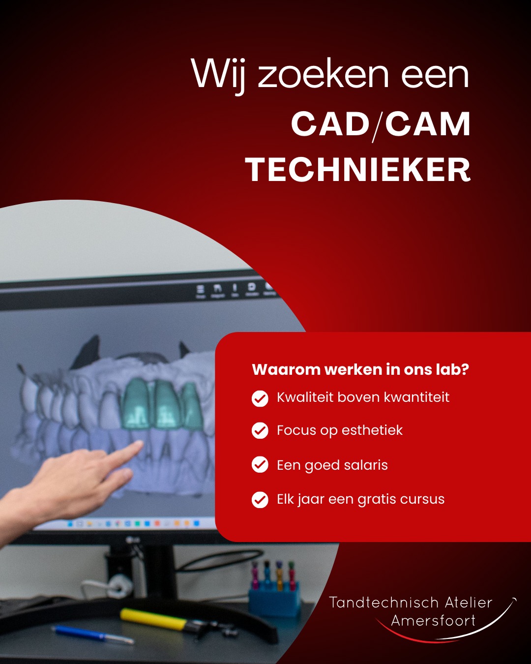 We groeien 📈 en daarom zoeken we ook een CAD CAM technieker die energie krijgt van esthetische en functionele cases en graag met precisie werkt.

Bij Tandtechnisch Atelier Amersfoort draait het om vakwerk en aandacht voor detail. We doen niet aan lopendebandwerk of massaproductie. Je werkt met ZirkonZahn en Exocad voor het designen, met Formlabs voor het printen en met Imes Icore voor het freeswerk. Dat alles binnen een hecht team waar kwaliteit, plezier en samenwerken vanzelfsprekend zijn.💪

Je hebt oog voor esthetiek, denkt graag mee over de beste digitale oplossing en blijft nieuwsgierig naar nieuwe technieken en ontwikkelingen binnen het vak. Liefde voor tandtechniek vinden we minstens zo belangrijk als ervaring.🦷

Klinkt dit als iets voor jou, dan maken we graag kennis. Stuur je cv naar directie@tandtechnischatelier.nl
 of loop gewoon eens binnen. We laten je met plezier zien waar we dagelijks aan werken.